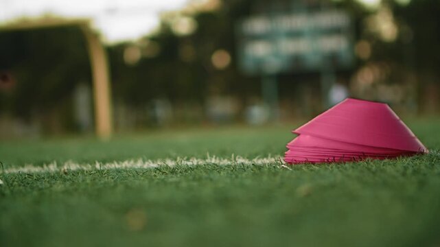 Soccer player foot wearing cleat running past red training cones on field.
