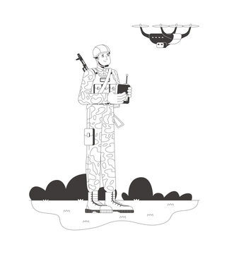 Military drone operator controlling UAV flat line illustration. Infantry scouting. Reconnaissance soldier using remote controller 2D outline character isolated. Black and white cartoon vector image