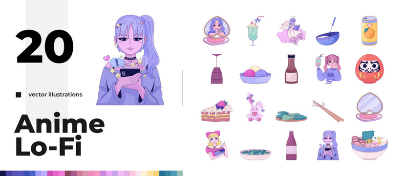 Kawaii anime lifestyle and Japanese food 2D cartoon illustration pack. Cute aesthetic. Asian cuisine. Daruma doll. Sweet dessert. Makeup mirror. Cooking ingredients. Isolated flat vector clip arts set