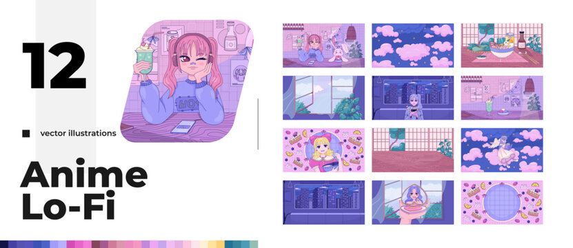 Anime Japanese lifestyle lofi aesthetic illustration pack. Kawaii girls. Cozy dreamy interiors. Cute characters. Comfort food. Sweets treats. Cartoon vector artwork collection. Colorful 2D flat design
