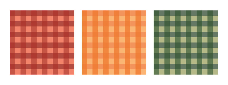 Set of three vector checked patterns in dark red, green and orange colors