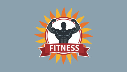 Naklejka premium Fitness emblem featuring a muscular bodybuilder silhouette with flexed arms inside a glowing orange sunburst border.