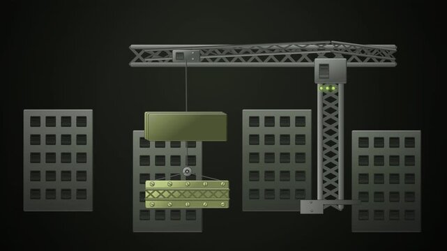 Abstract animated crane assembly running in sequence drawn as green and teal lines and shapes on a deep dark background. Seamless looping 4K motion graphics video with free space for text, ideal for i