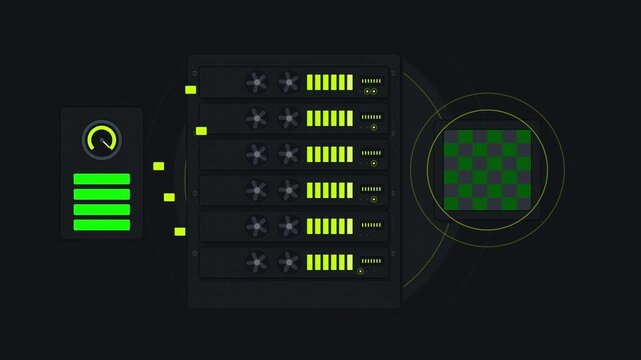 Abstract animated render farm working across nodes drawn as green and teal lines and shapes on a deep dark background. Seamless looping 4K motion graphics video with free space for text, ideal for tit