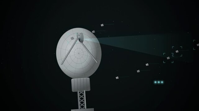 Abstract animated space debris tracking drawn as cool blue-white lines and shapes on a deep dark background. Seamless looping 4K motion graphics video with free space for text, ideal for technology ex