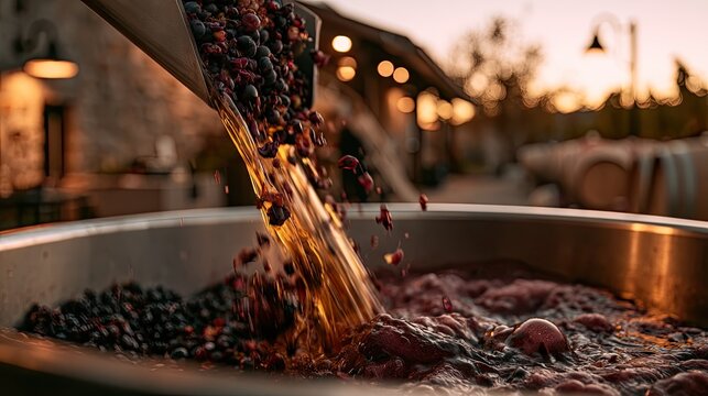Grapes and juice cascade into a large vessel during harvest