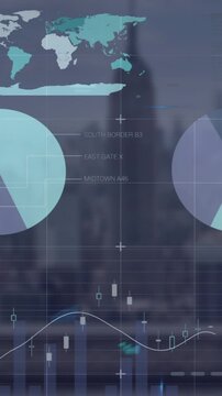 Animation of multicolored infographic interface over modern cityscape against sky