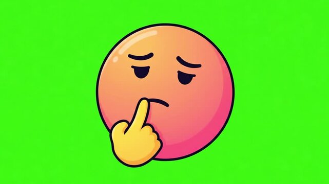 2D Thinking Emoji Face with Hand on Green Screen Background, Confused Expression Animation