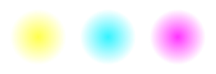 Three soft glowing gradient circles in yellow cyan and magenta isolated on transparent background © MST