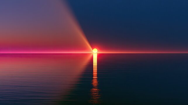 Sunrise pierces the horizon with vibrant pink and orange light reflections on calm water