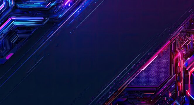Abstract futuristic digital circuitry with neon glow and dark background