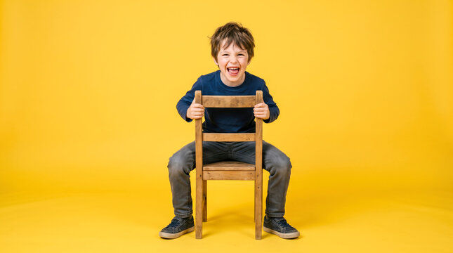 Boy making funny face sitting on a wooden chair against a yellow background