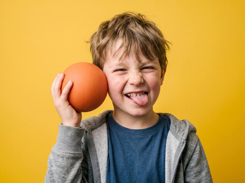 Boy making funny face holding a small orange ball against a yellow background
