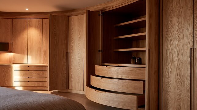 Modern luxury bedroom interior featuring custom curved wooden cabinetry and open storage shelves.