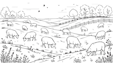 Fototapeta premium Sketch of a peaceful rural landscape with grazing sheep and rolling hills.