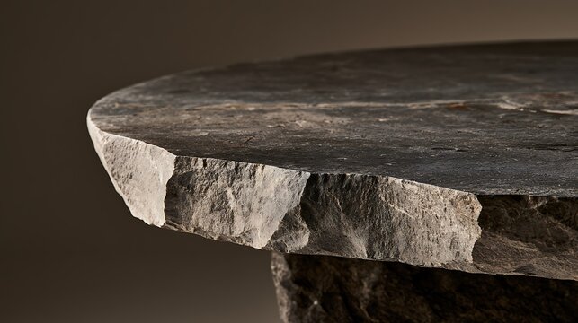 Close up of a dark natural stone table with a rough chiseled edge.