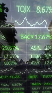 Animation of financial data processing over cityscape