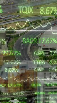 Animation of financial data processing over cityscape