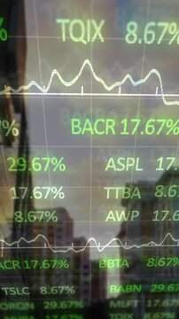 Animation of financial data processing over cityscape
