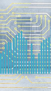 Animation of computer circuit board over cityscape