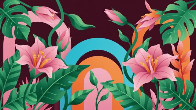 Tropical flowers and lush green vines blooming within abstract geometric arches in this vibrant motion video animation for creative backgrounds