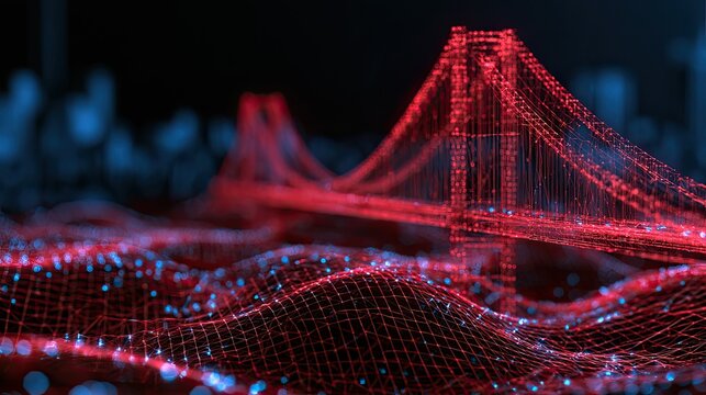 Digital rendering of a red, illuminated bridge and glowing network grid