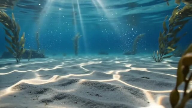 Sunlight filters through clear ocean water casting rippling caustic patterns across a sandy seafloor with drifting kelp.