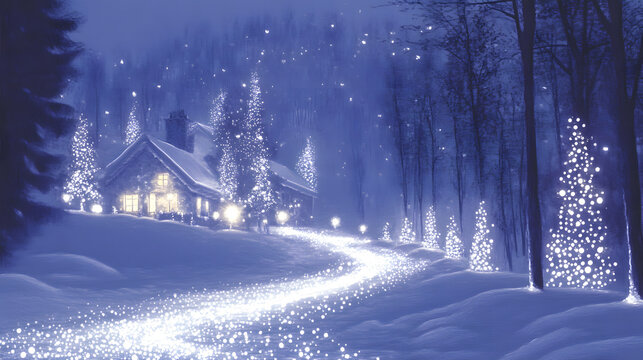Cozy illuminated wooden log cabin house in magical snowy winter forest
