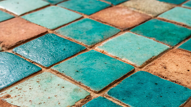 Top view of vintage turquoise tiled floor texture pattern background