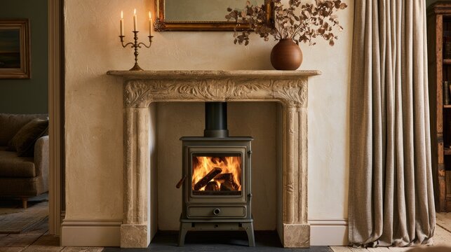 Cozy living room with a glowing wood-burning stove and ornate fireplace