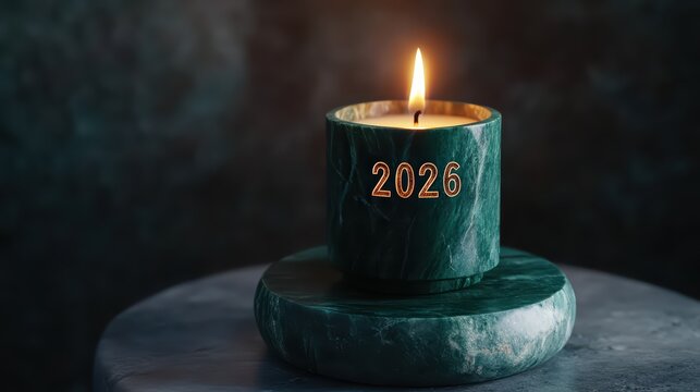 Lit wax candle in green marble holder engraved with year two thousand twenty six sitting on stone surface with number containing burned candle flame table illumination celebration