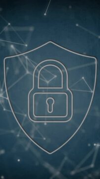 Animation of digital shield with padlock and connections in navy digital space