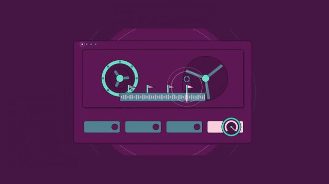 Abstract animated podcast tape stepping through chapters drawn as violet and blue lines and shapes on a deep dark background. Seamless looping 4K motion graphics video with free space for text, ideal 
