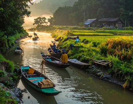 Sunrise over a rural canal with small wooden boats and lush green banks.
