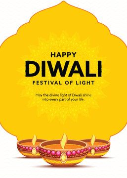 Happy Diwali Festival Greeting Card Template with Burning Oil Lamps (Diya) on Yellow and White Background.