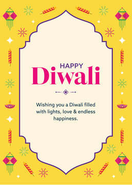 Happy Diwali Festival Greeting Card Template with Festival Elements on Yellow and White Background.