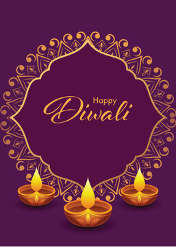 Happy Diwali Festival Greeting Card Template with Burning Oil Lamps (Diya) on Purple Background.