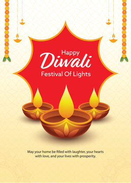 Happy Diwali Festival Greeting Card Template with Burning Oil Lamps (Diya) on Pastel Yellow and Red Background.