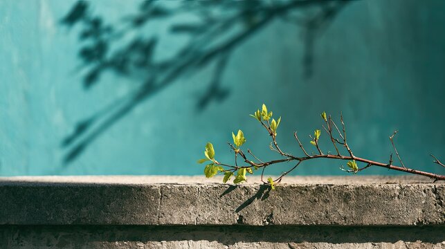 Spring branch casts shadow on textured wall, new leaves emerging