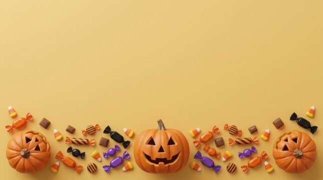 Carved pumpkins and assorted Halloween candies arranged on a plain orange background