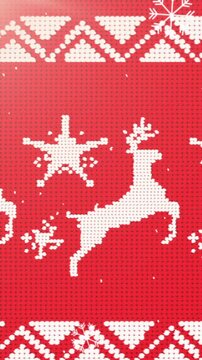 Snowflakes falling over christmas traditional pattern with reindeers on red background