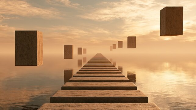 A surreal pathway of wooden planks over water under a hazy sky with floating blocks