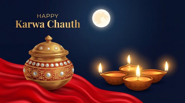 Karwa chauth celebration with decorative thali and diyas under full moon for festive greeting card design
