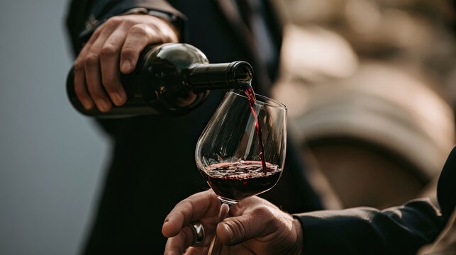 Pouring rich red wine into a glass, creating an elegant moment