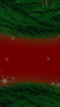 Christmas wreath decoration and snowflakes icons falling against red background