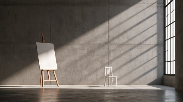 Empty artist studio bathed in sunlight, a blank canvas awaits creation
