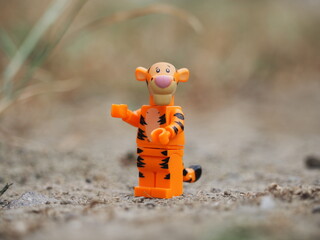 Naklejka premium Indonesia - August 5, 2023 : Mini toy of action figure at outdoor with blurred background. Miniature photography concept design. Minifigure of Tiger character at wild nature.