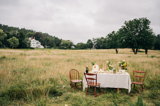 Romantic outdoor dining table set in a meadow