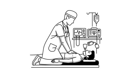 Fototapeta premium Doctor performing CPR on patient with medical equipment in hospital room