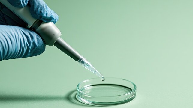 Gloved hand holds pipette, dispensing liquid into petri dish